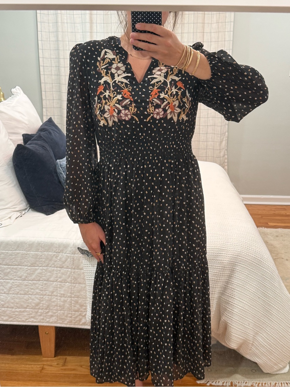Piper & Scoot Black Floral Embroidered Long Sleeve Midi Dress
